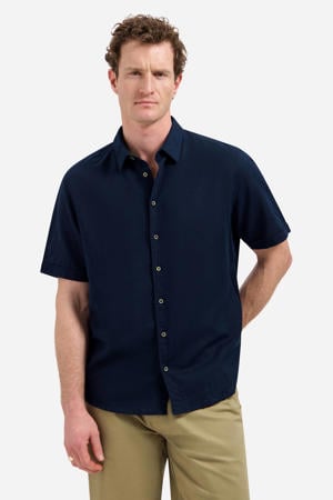 regular casual overhemd met linnen donkerblauw