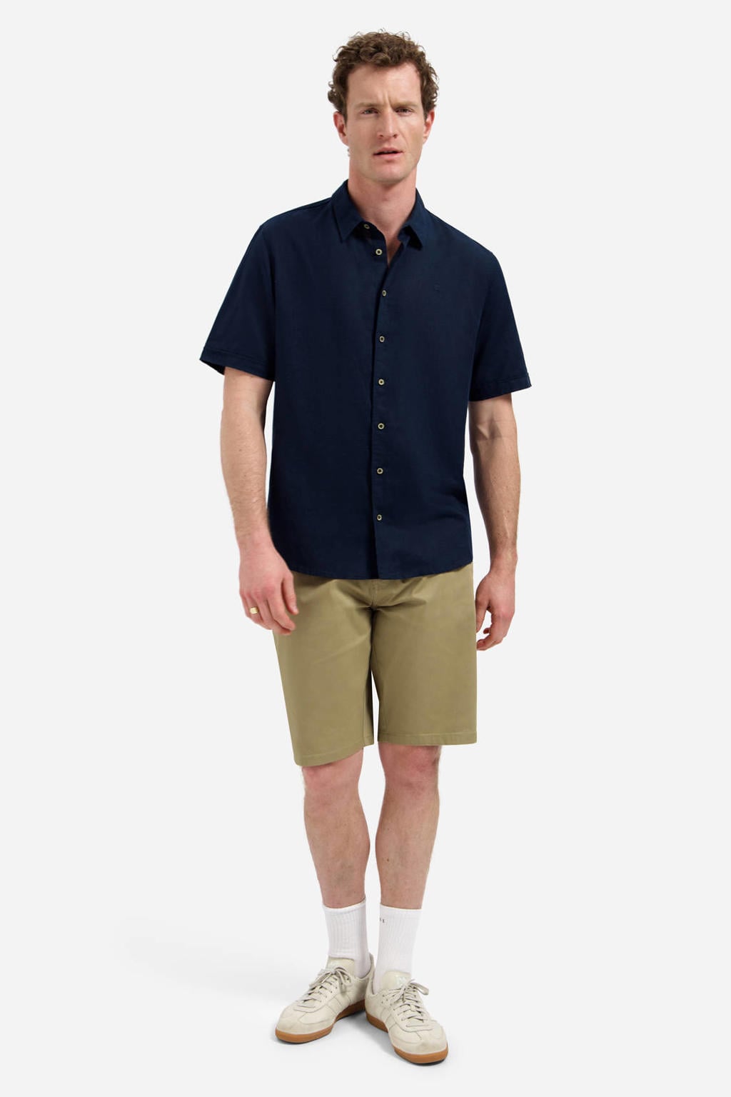 Donkerblauwe heren No Excess regular casual overhemd van linnen met effen, korte mouwen, klassieke kraag en knoopsluiting