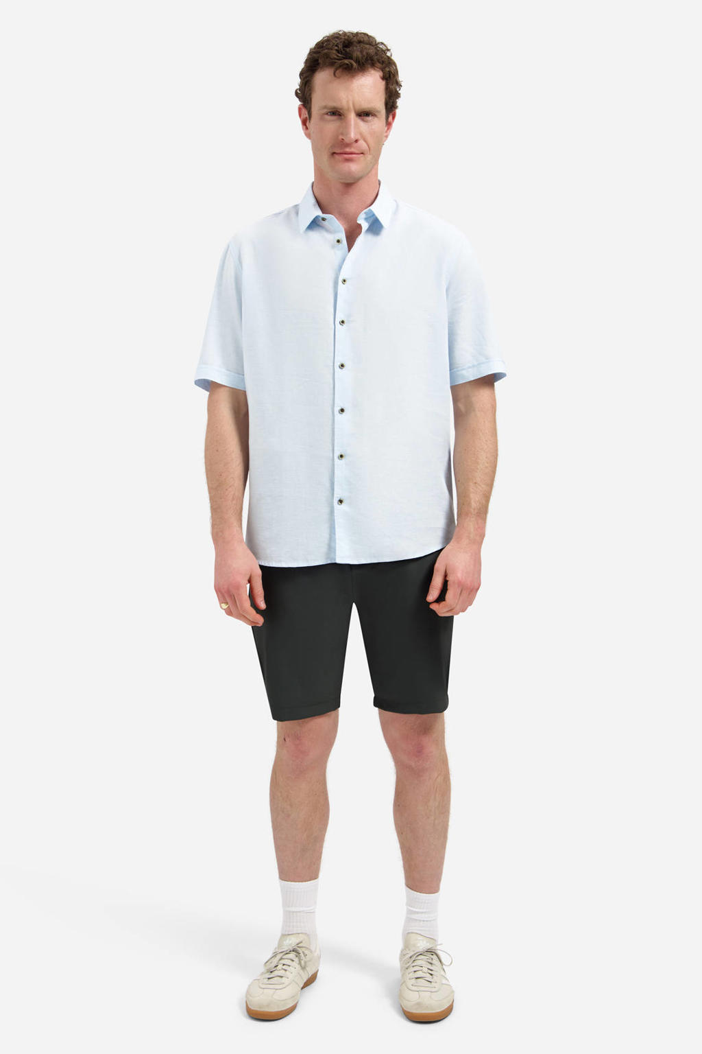 Lichtblauwe heren No Excess regular casual overhemd van linnen met effen, korte mouwen, klassieke kraag en knoopsluiting