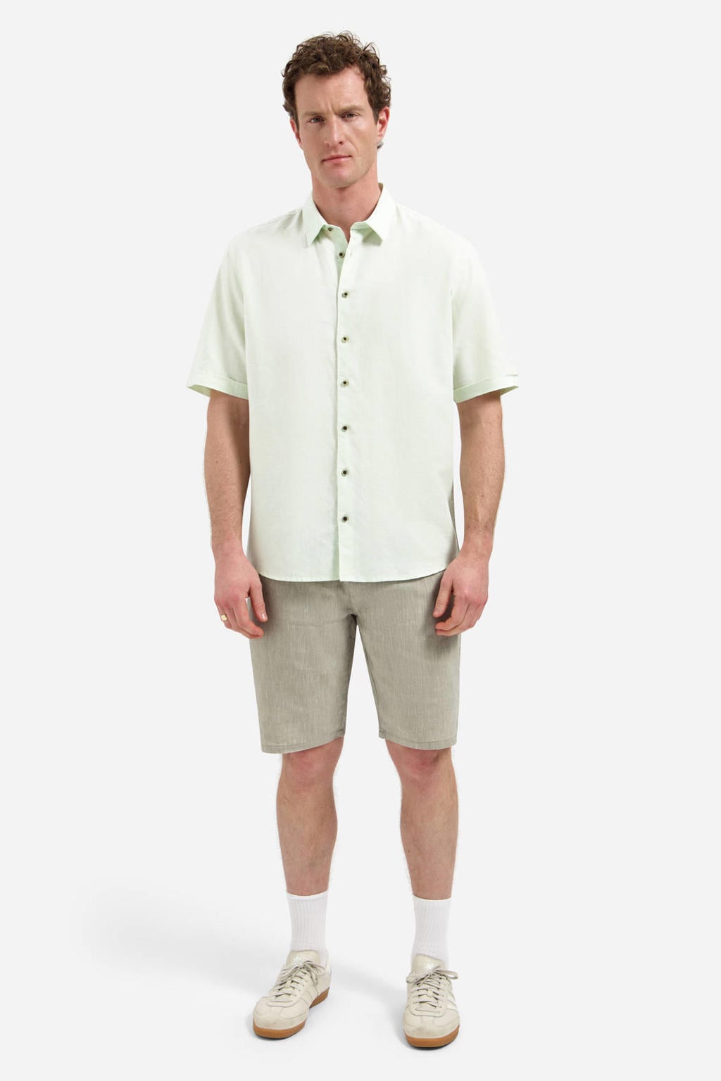 Lichtgroene heren No Excess regular casual overhemd van linnen met effen, korte mouwen, klassieke kraag en knoopsluiting