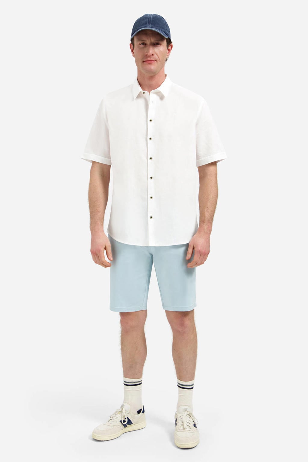 Witte heren No Excess regular casual overhemd van linnen met effen, korte mouwen, klassieke kraag en knoopsluiting