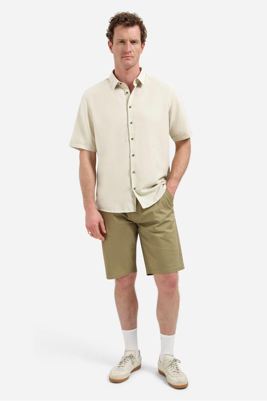 Beige heren No Excess regular casual overhemd van linnen met effen, korte mouwen, klassieke kraag en knoopsluiting