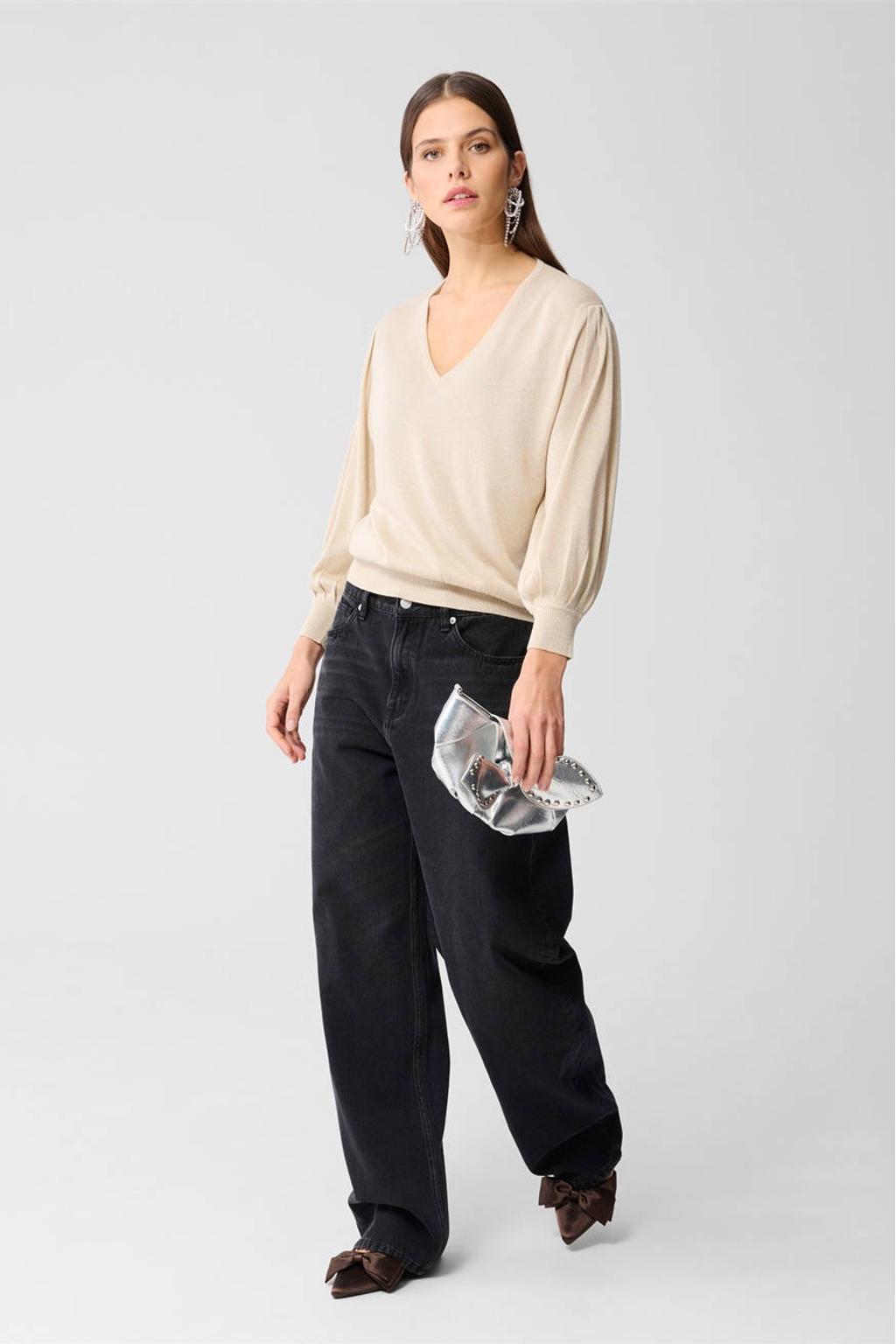 Beige dames Shoeby pullover van viscose met effen, lange mouwen, V-hals en glitters