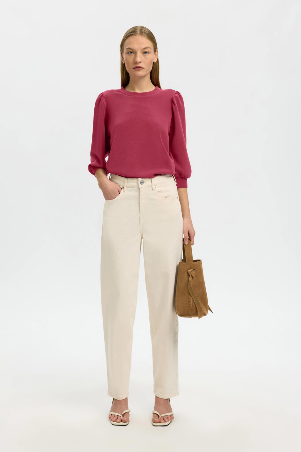 Roze dames Selected sweater van modal met effen, driekwart mouwen, ronde hals en plooien