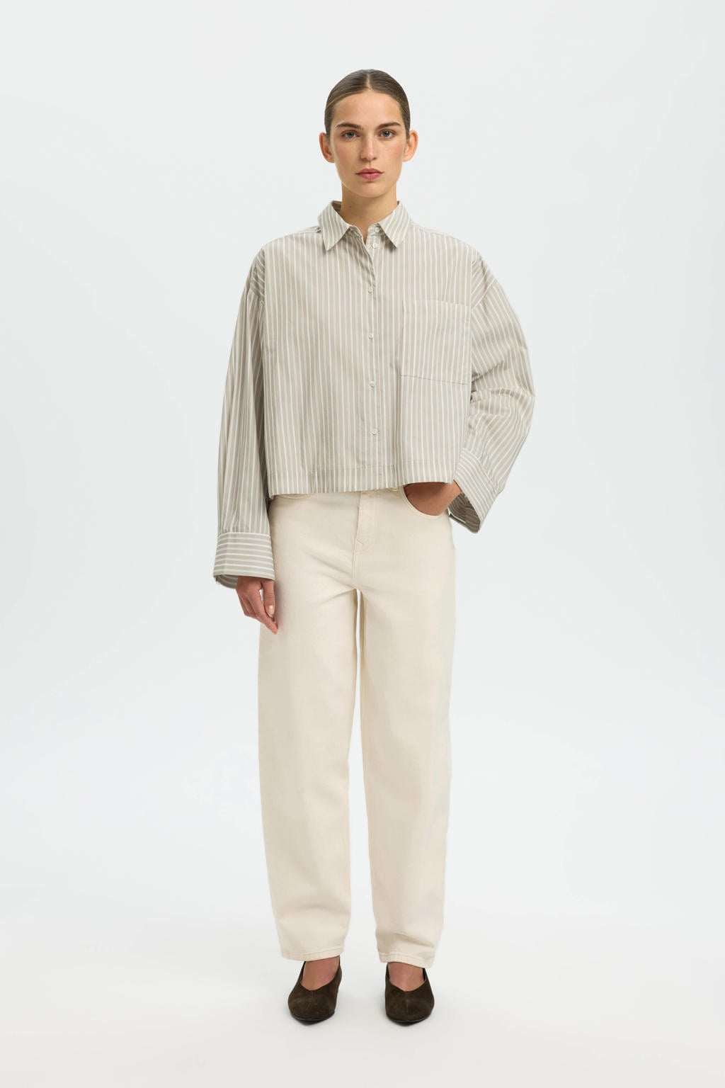 Ecru en beige dames Selected blouse van katoen met effen, lange mouwen, klassieke kraag en knoopsluiting