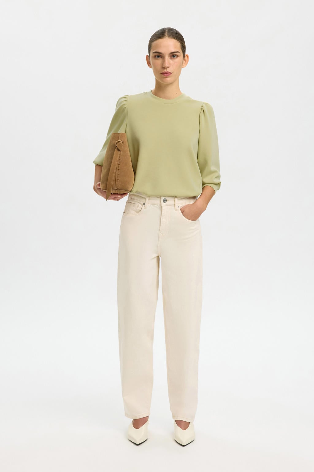 Lichtgroene dames Selected sweater van modal met effen, driekwart mouwen, ronde hals en plooien