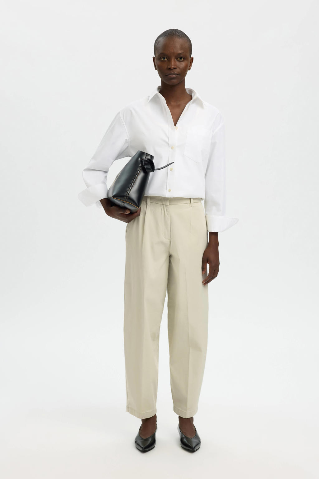 Ecru dames Selected barrel high waist broek van katoen met rits, haak- en knoopsluiting en effen