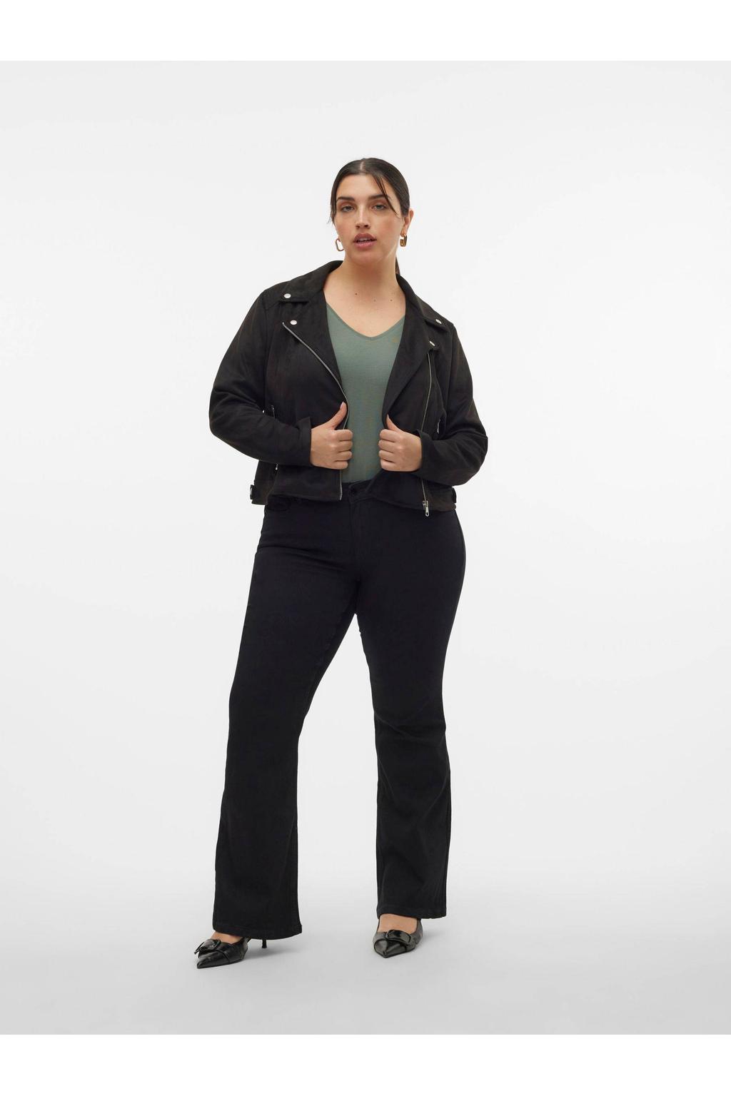 Zwarte dames VERO MODA CURVE imitatieleren jas met lange mouwen, reverskraag en ritssluiting