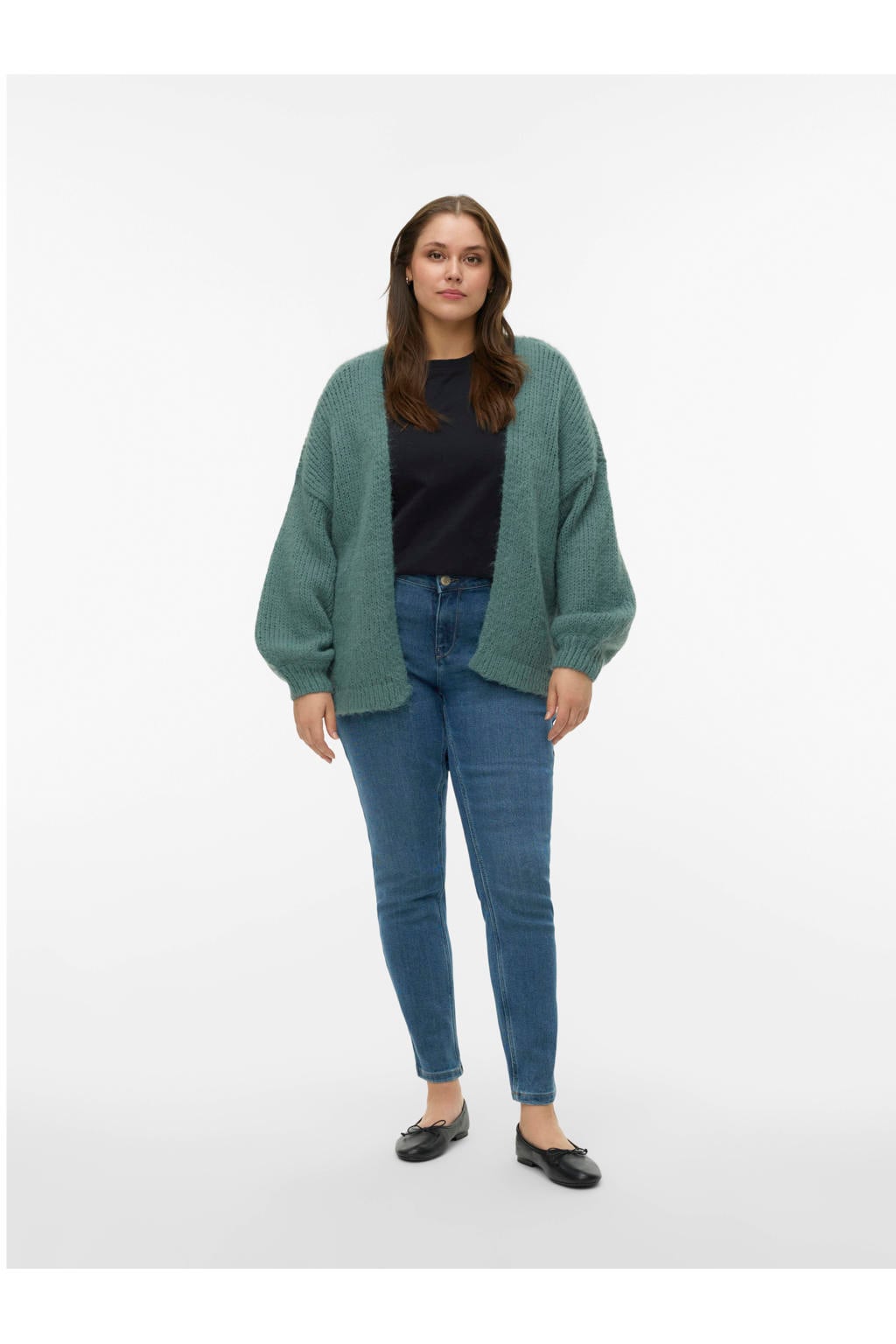 Olijfgroene dames VERO MODA CURVE vest gebreid met effen, lange mouwen en ronde hals