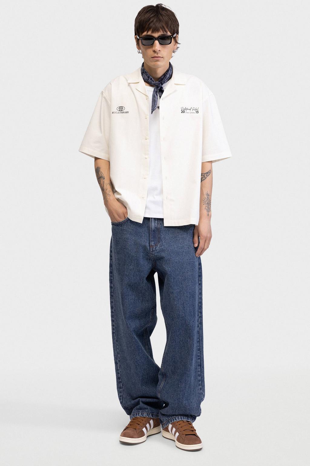 Ecru heren Redefined Rebel loose casual overhemd van katoen met printopdruk, korte mouwen, reverskraag en knoopsluiting