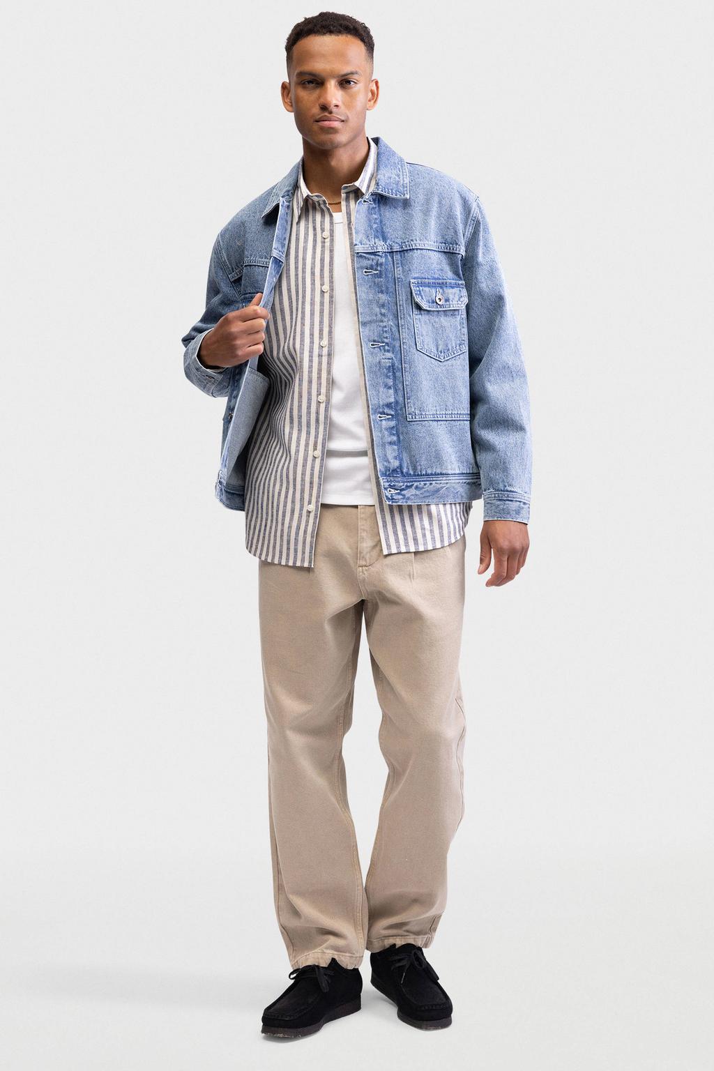 Grijze heren Redefined Rebel loose gestreept casual overhemd van linnen met lange mouwen, klassieke kraag en knoopsluiting