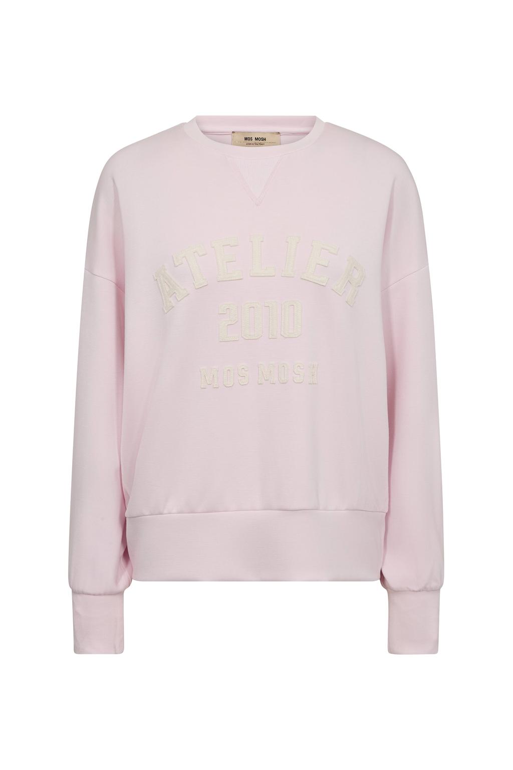 Lichtroze en witte dames Mos Mosh sweater met tekst print, lange mouwen en ronde hals
