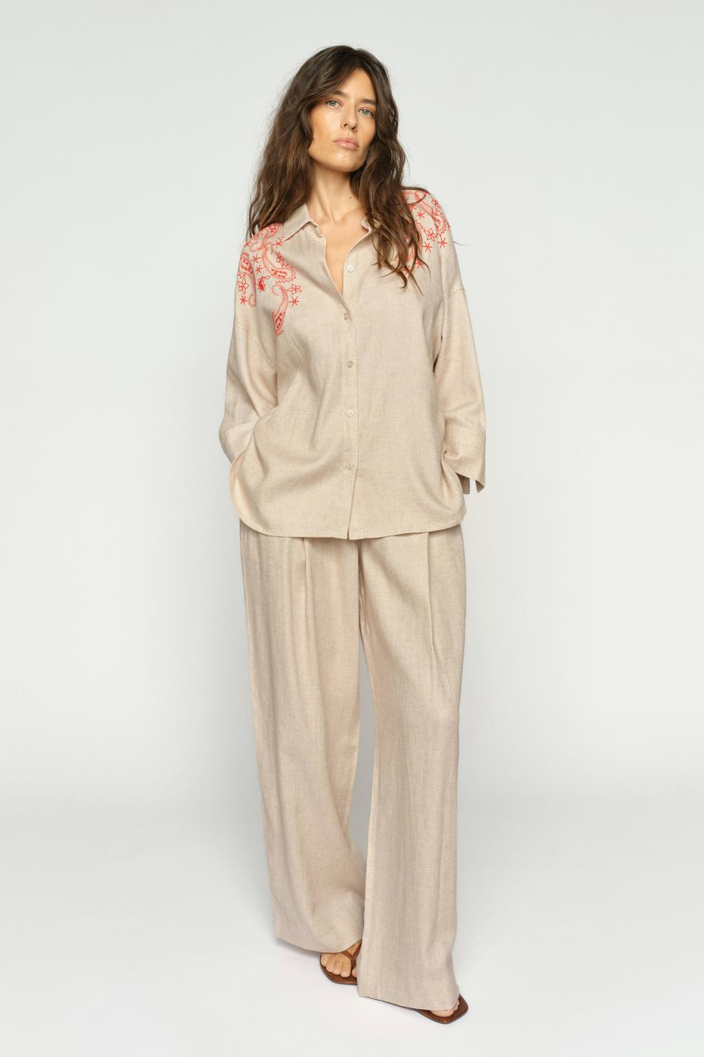 Zandkleurige dames Mos Mosh wide leg high waist gestreepte capri van katoen met haaksluiting