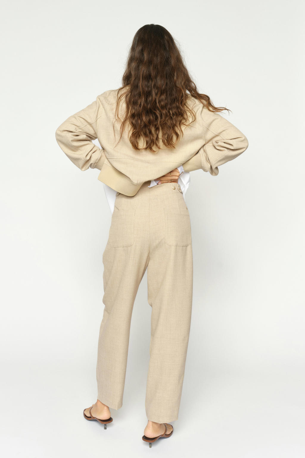 Beige dames Mos Mosh relaxed high waist broek van polyester met haaksluiting en effen