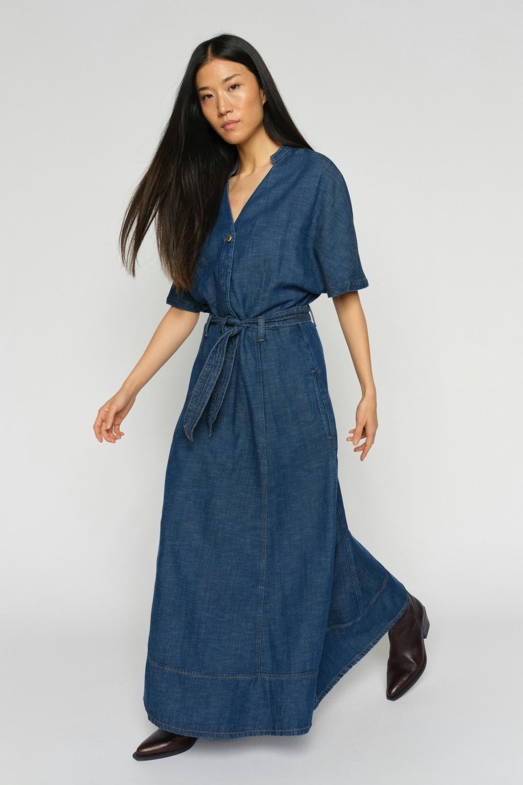 Donkerblauwe dames Mos Mosh A-lijn jurk met tekst print, half lange mouwen en V-hals