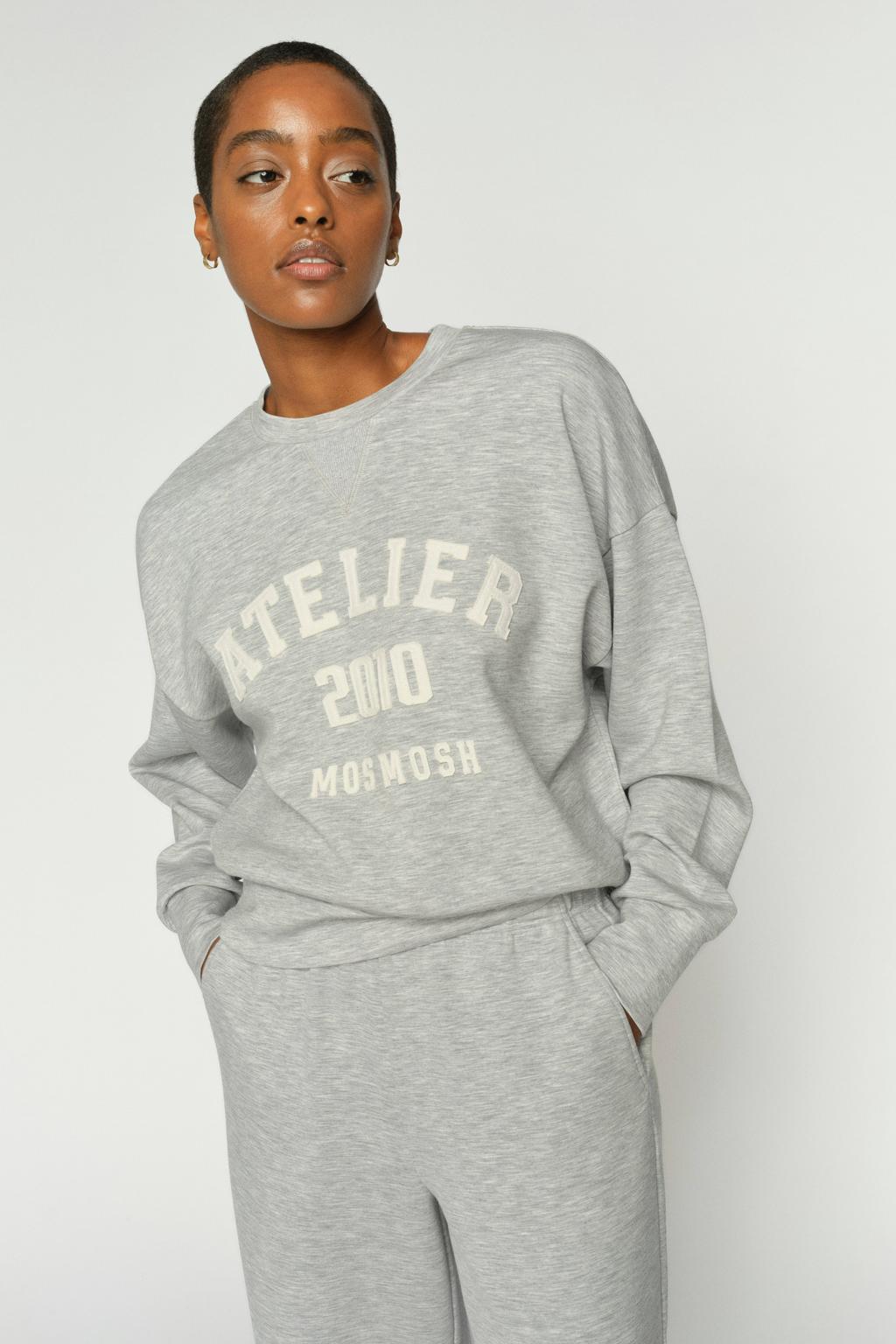 Grijs en witte dames Mos Mosh sweater met effen, lange mouwen en ronde hals