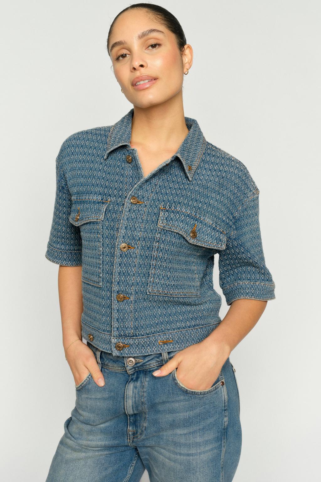 Medium blue denim dames Mos Mosh blouse van katoen met effen, driekwart mouwen en klassieke kraag