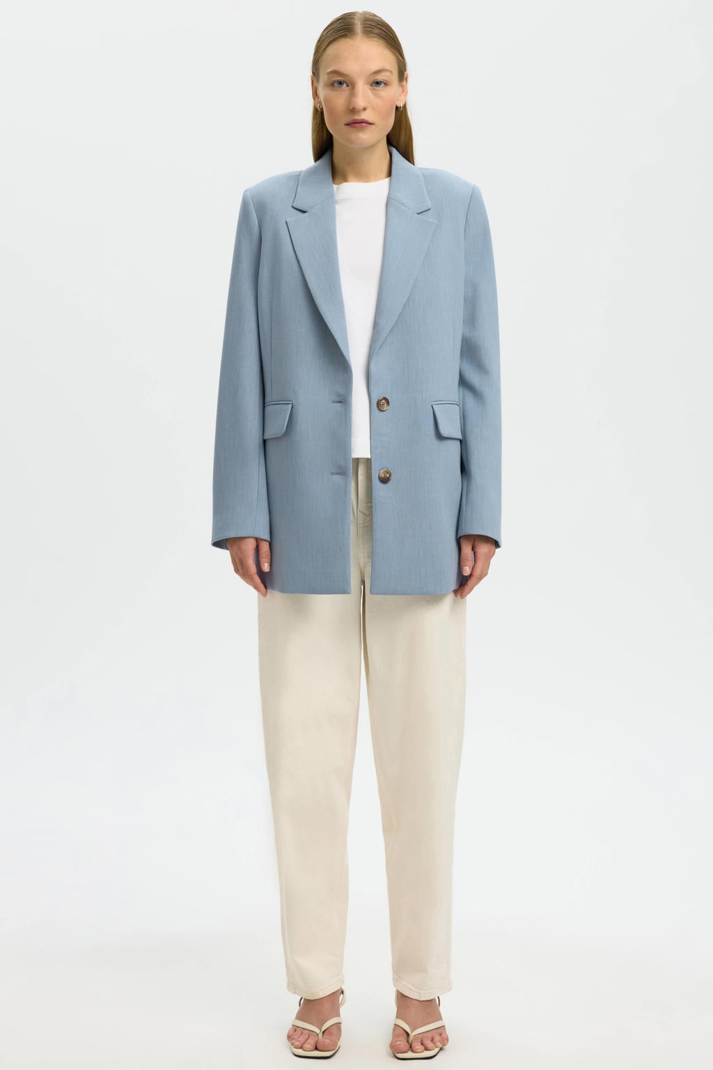 Lichtblauwe dames Selected oversized blazer van polyester met effen, lange mouwen, reverskraag en knoopsluiting