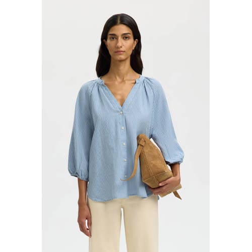 SELECTED FEMME gestreepte blouse met linnen lichtblauw afbeelding