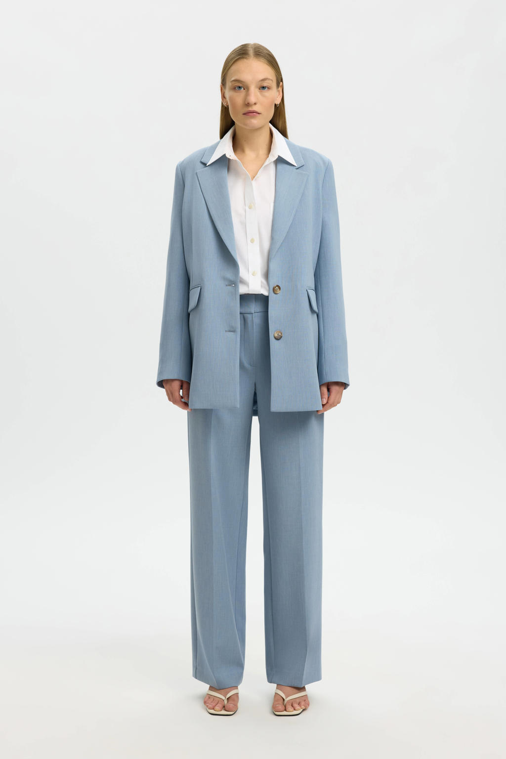 Lichtblauwe dames Selected Wide leg regular waist casual broek met rits- en haaksluiting en effen
