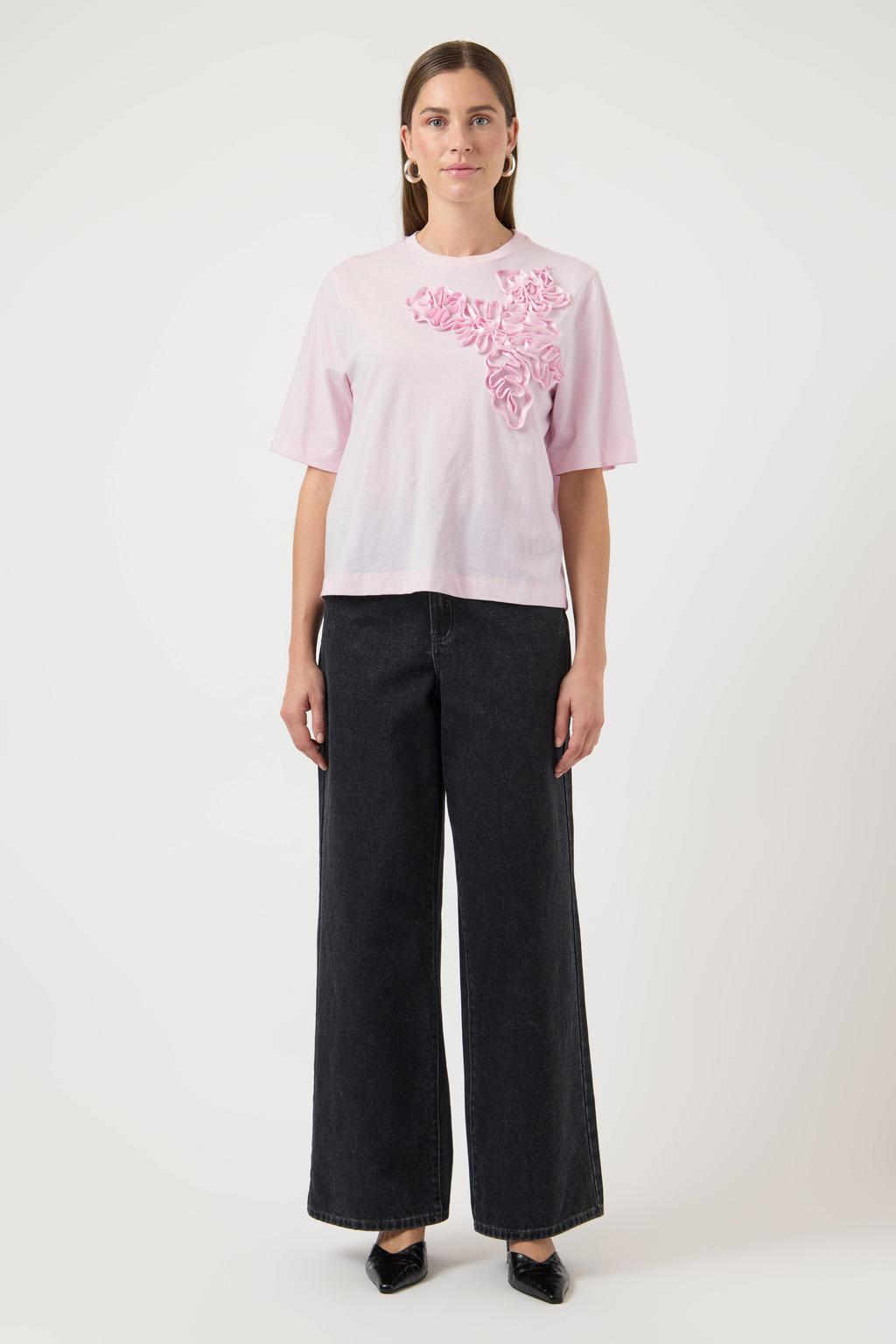 Lichtroze dames YAS T-shirt van katoen met effen, korte mouwen, ronde hals en borduursels