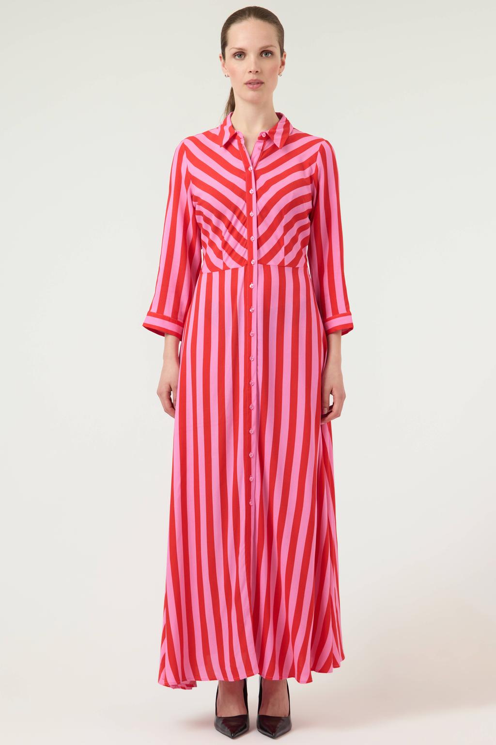 Roze en rode dames YAS gestreepte A-lijn jurk van viscose met lange mouwen en klassieke kraag