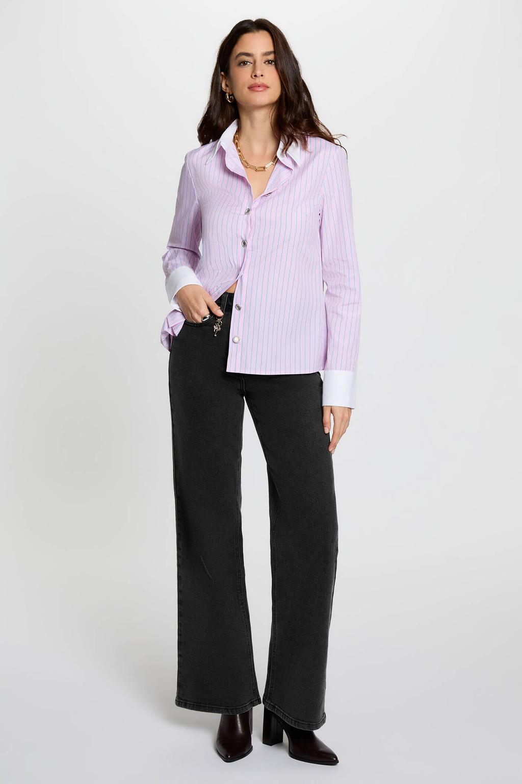 Roze en blauwe dames Morgan gestreepte blouse van polyester met lange mouwen, klassieke kraag en knoopsluiting