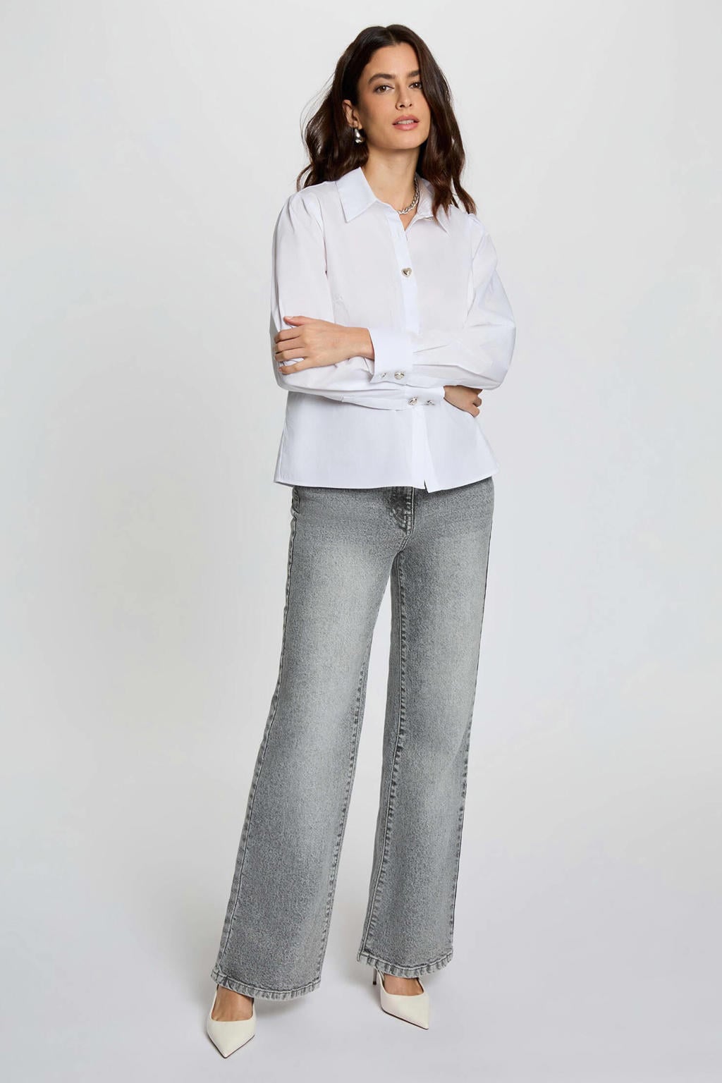 Grey denim dames Morgan high waist wide leg jeans van denim met rits- en knoopsluiting en effen