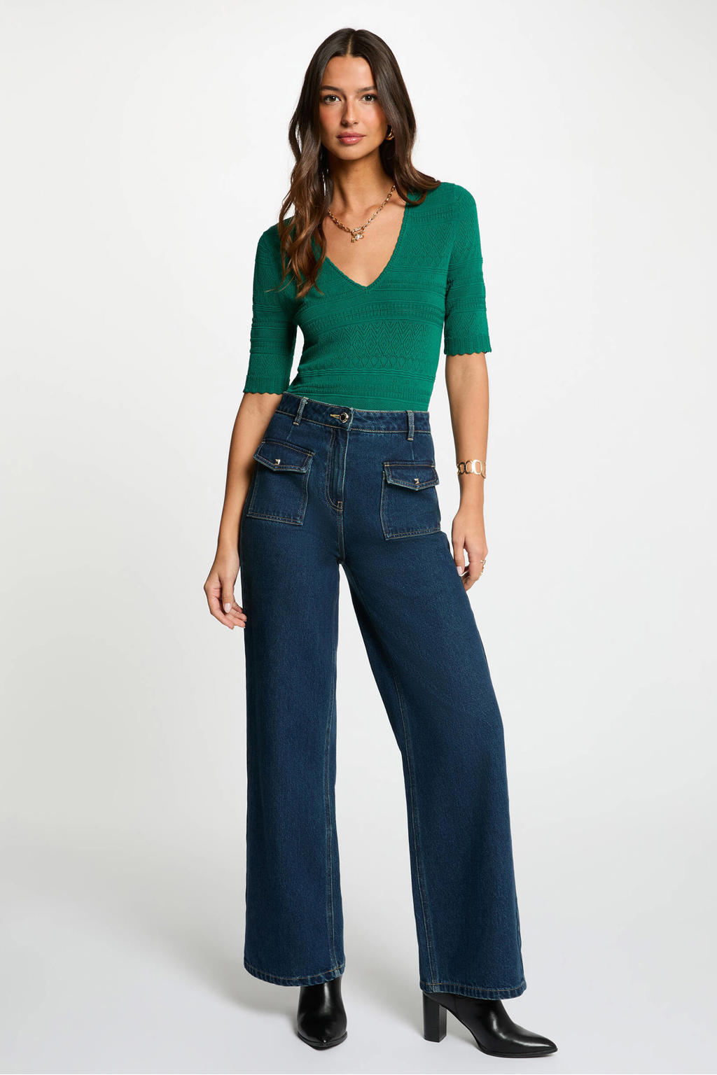 Groene dames Morgan fijn gebreide top van viscose met effen, half lange mouwen en V-hals