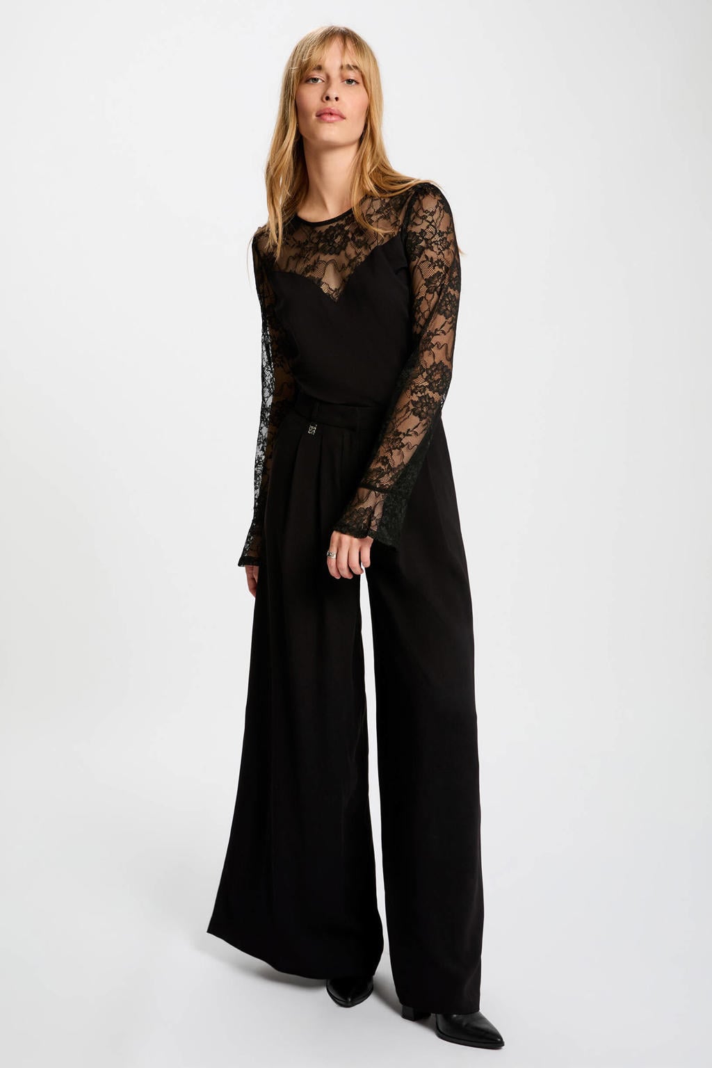 Zwarte dames Morgan top van viscose met effen, lange mouwen en ronde hals