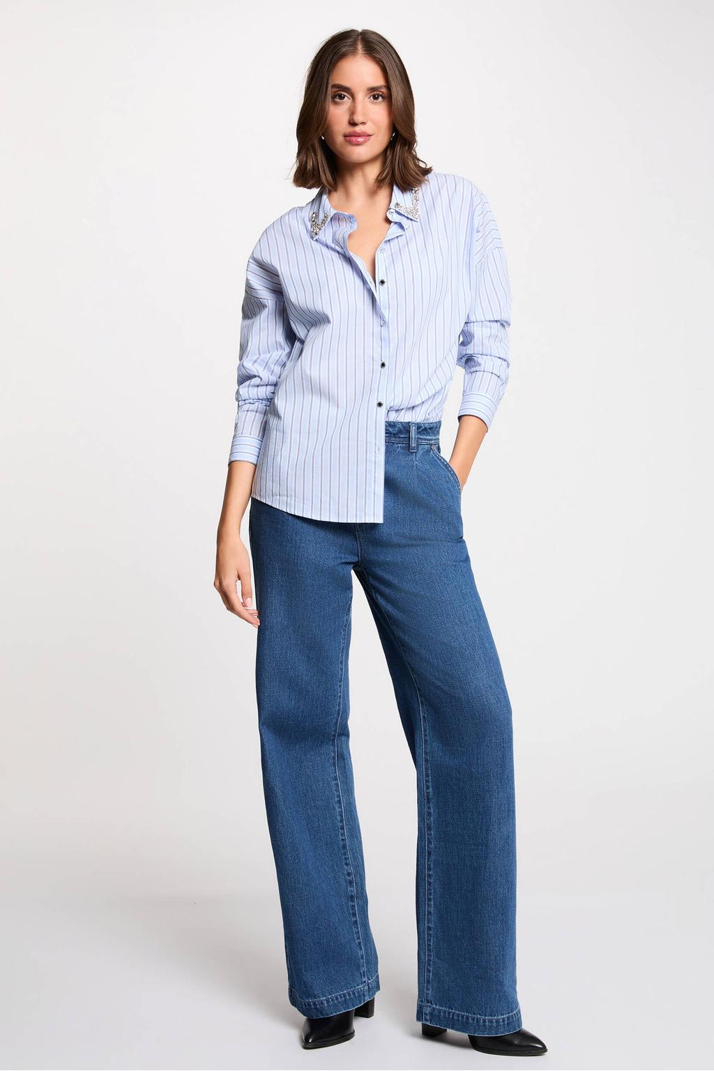 Blauwe dames Morgan gestreepte blouse van katoen met lange mouwen, klassieke kraag, knoopsluiting en strass steentjes