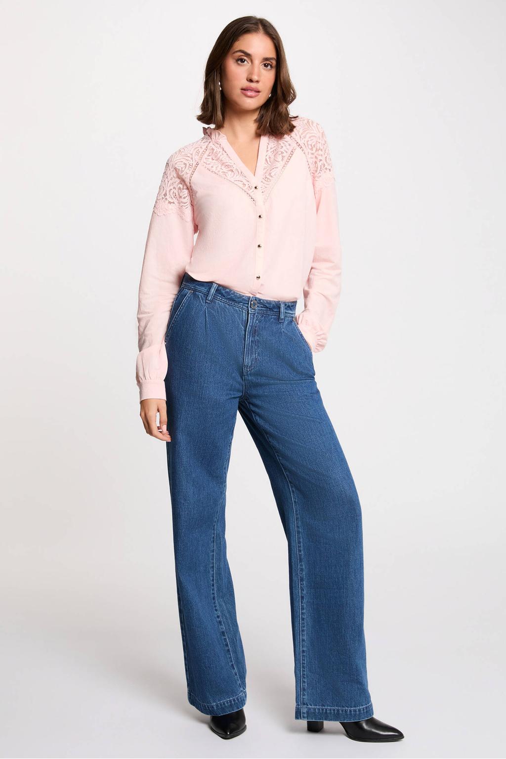 Lichtroze dames Morgan blouse van viscose met effen, lange mouwen, V-hals en knoopsluiting