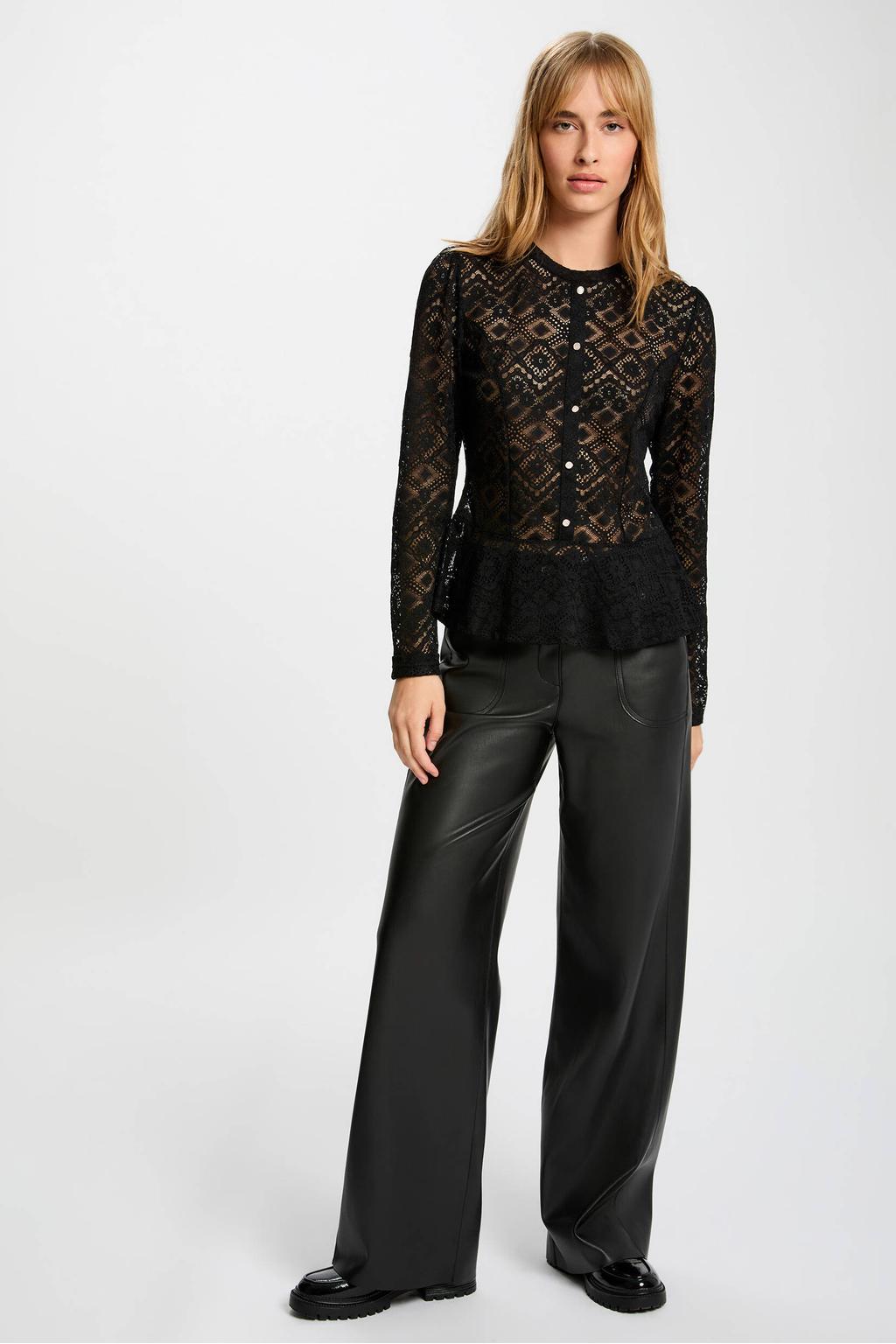 Zwarte dames Morgan kanten peplum top met effen, lange mouwen en ronde hals
