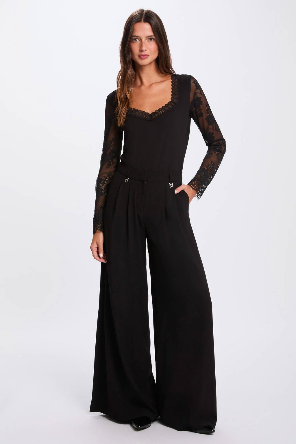 Zwarte dames Morgan top van viscose met effen en lange mouwen