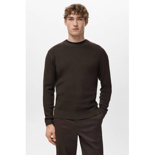 Mango Man trui rib gebreid donkerbruin afbeelding