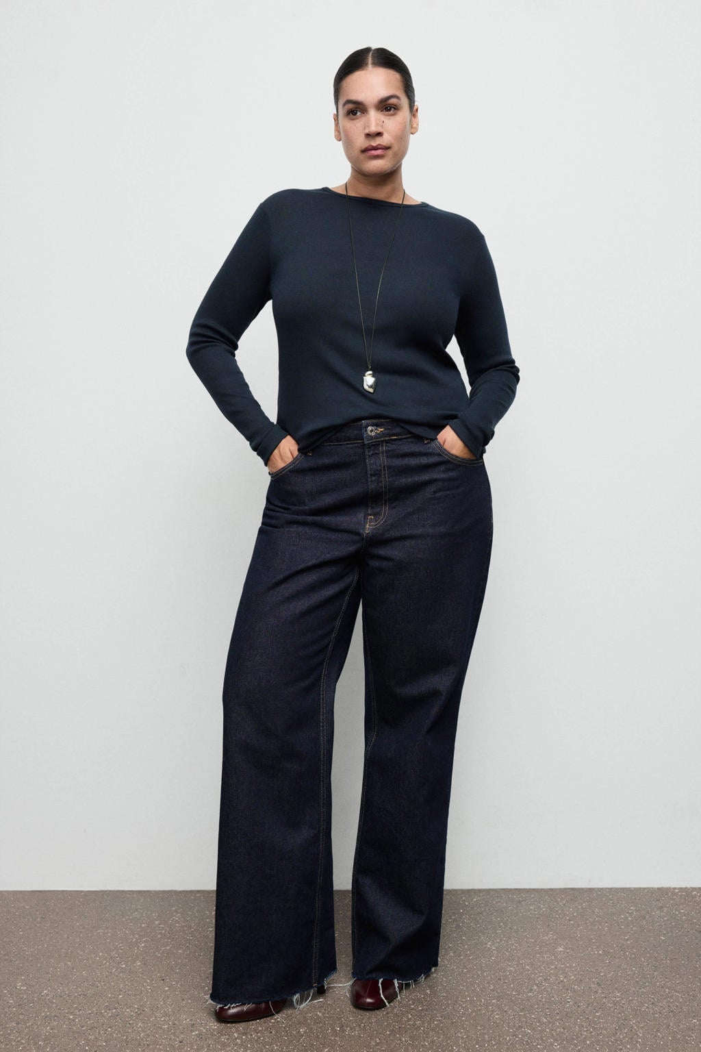 Donkerblauwe dames Mango top van polyester met effen, lange mouwen en ronde hals
