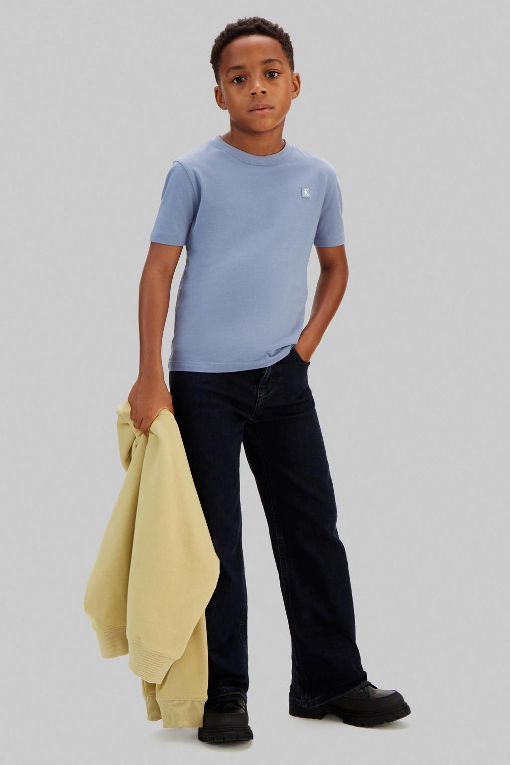 Blauwe jongens en meisjes Calvin Klein T-shirt van katoen met effen, korte mouwen en ronde hals