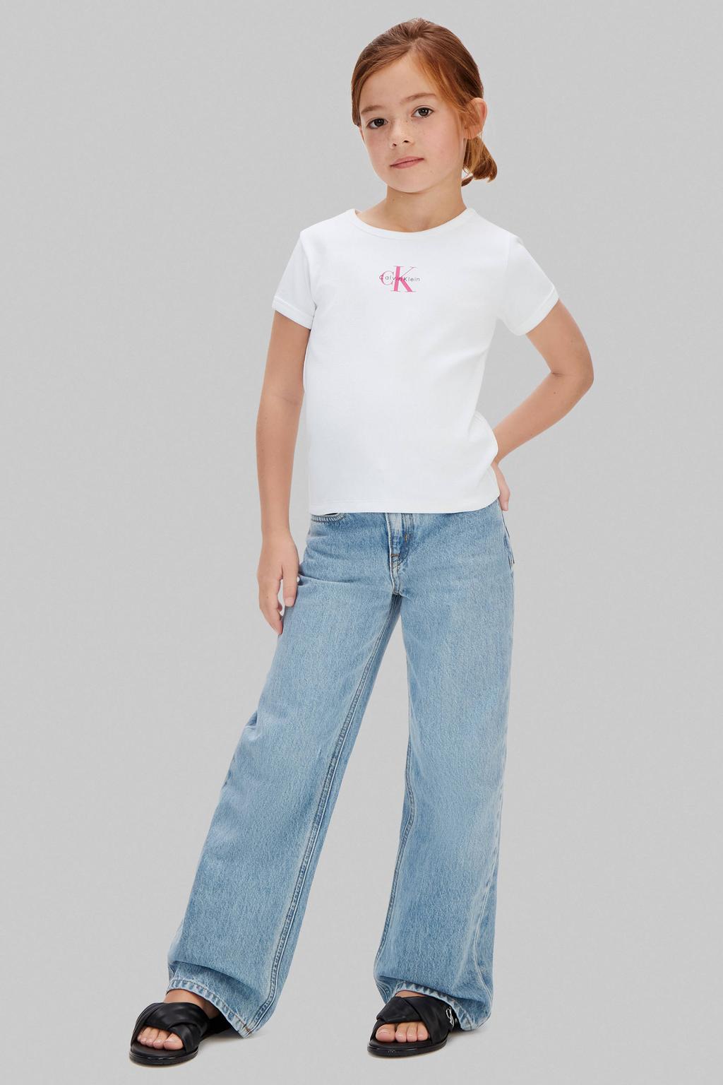 Witte meisjes Calvin Klein T-shirt van stretchkatoen met logo dessin, korte mouwen en ronde hals
