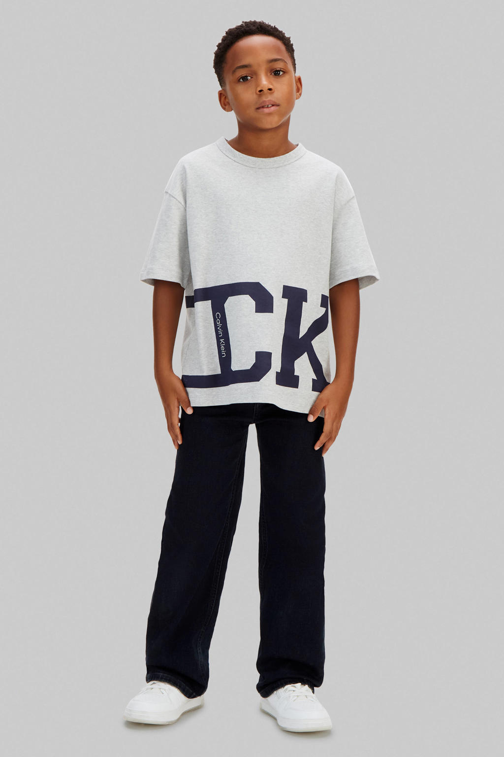 Grijs melange jongens Calvin Klein T-shirt melange van katoen met logo dessin, korte mouwen en ronde hals