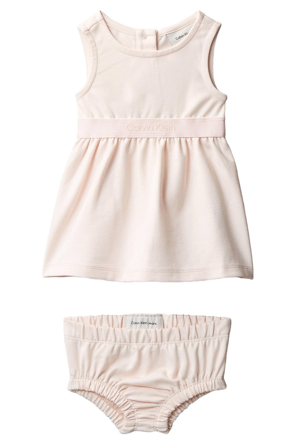 Ecru meisjes Calvin Klein jurk van viscose met effen, ronde hals en knoopsluiting