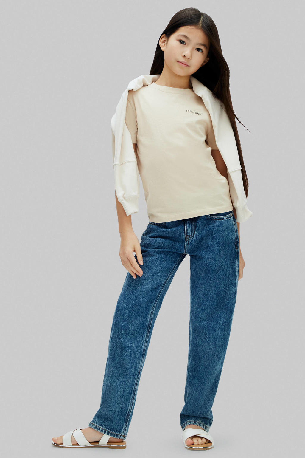 Beige jongens en meisjes Calvin Klein T-shirt van katoen met effen, korte mouwen en ronde hals