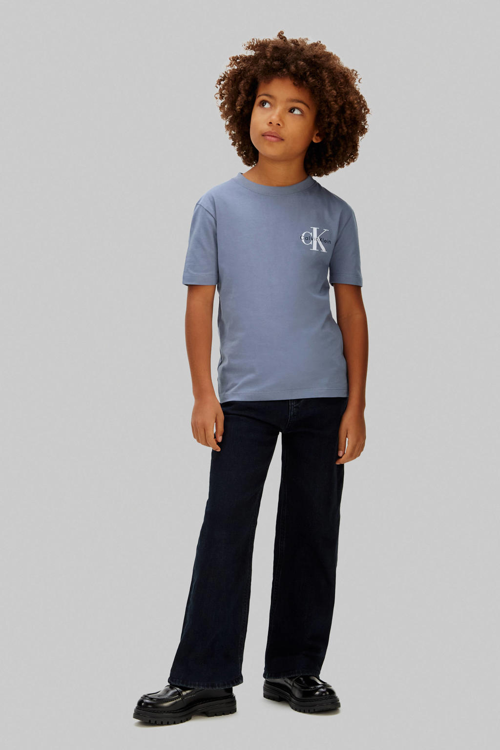 Blauwe jongens en meisjes Calvin Klein T-shirt van katoen met effen, korte mouwen en ronde hals