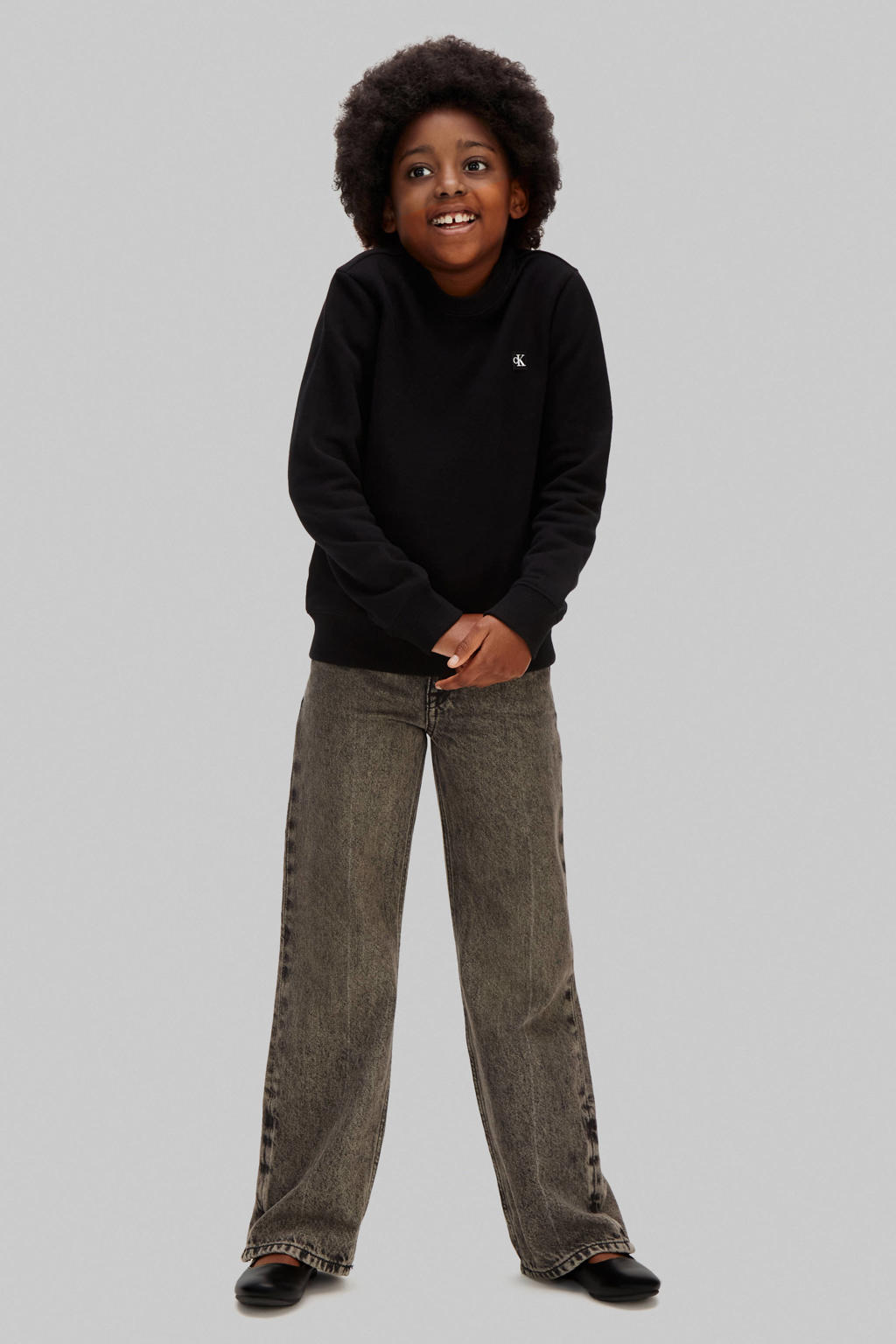 Zwarte jongens en meisjes Calvin Klein sweater met effen, lange mouwen, ronde hals en geribde boorden