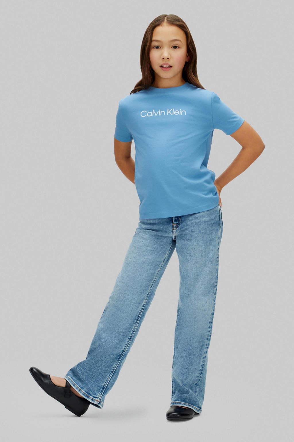 Blauwe jongens en meisjes Calvin Klein T-shirt van katoen met logo dessin, korte mouwen en ronde hals