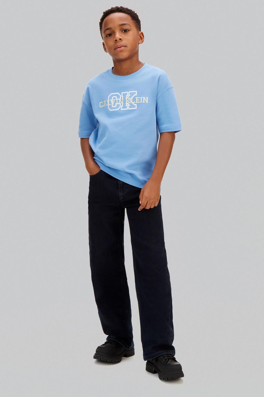 Blauwe jongens Calvin Klein T-shirt van katoen met logo dessin, korte mouwen en ronde hals