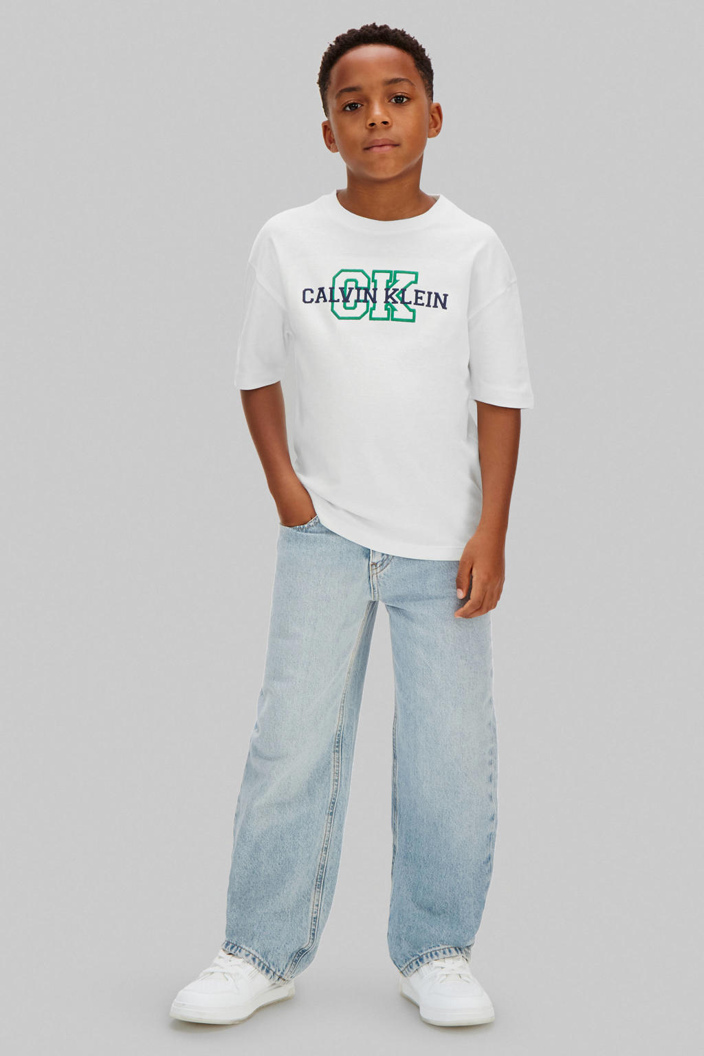 Witte jongens Calvin Klein T-shirt van katoen met logo dessin, korte mouwen en ronde hals