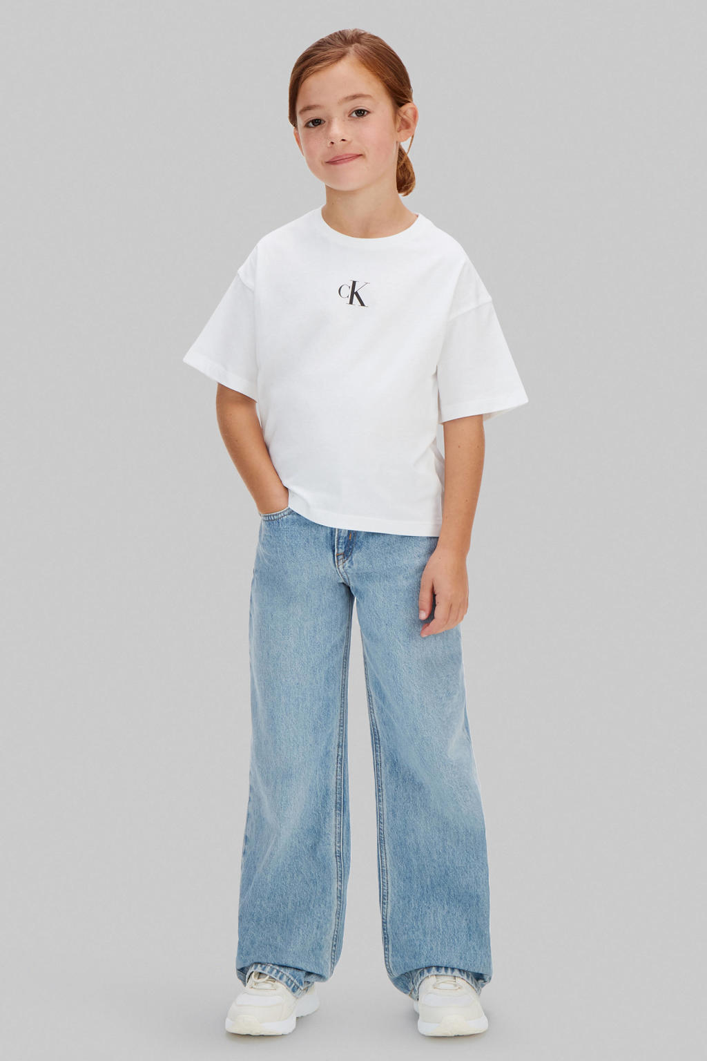 Witte meisjes Calvin Klein T-shirt van katoen met effen, korte mouwen en ronde hals