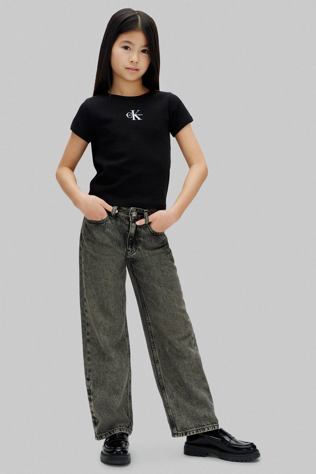 Zwarte meisjes Calvin Klein T-shirt van stretchkatoen met logo dessin, korte mouwen en ronde hals