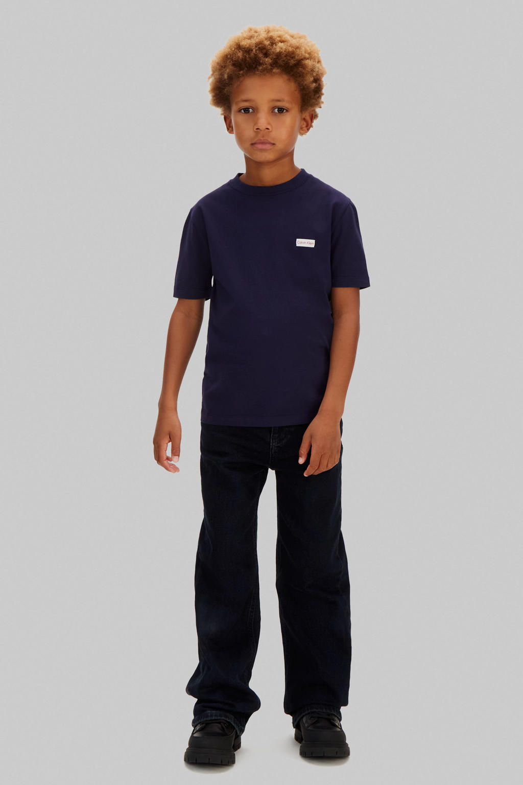 Donkerblauwe jongens Calvin Klein T-shirt van katoen met effen, korte mouwen en ronde hals