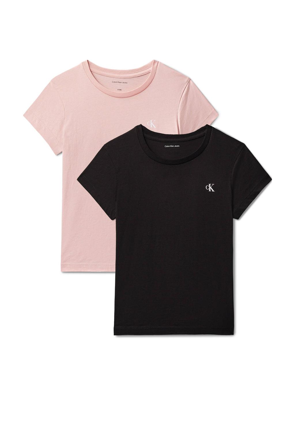 Set van 2 zwart en zalmkleurige meisjes Calvin Klein T-shirt roze van katoen met effen en korte mouwen